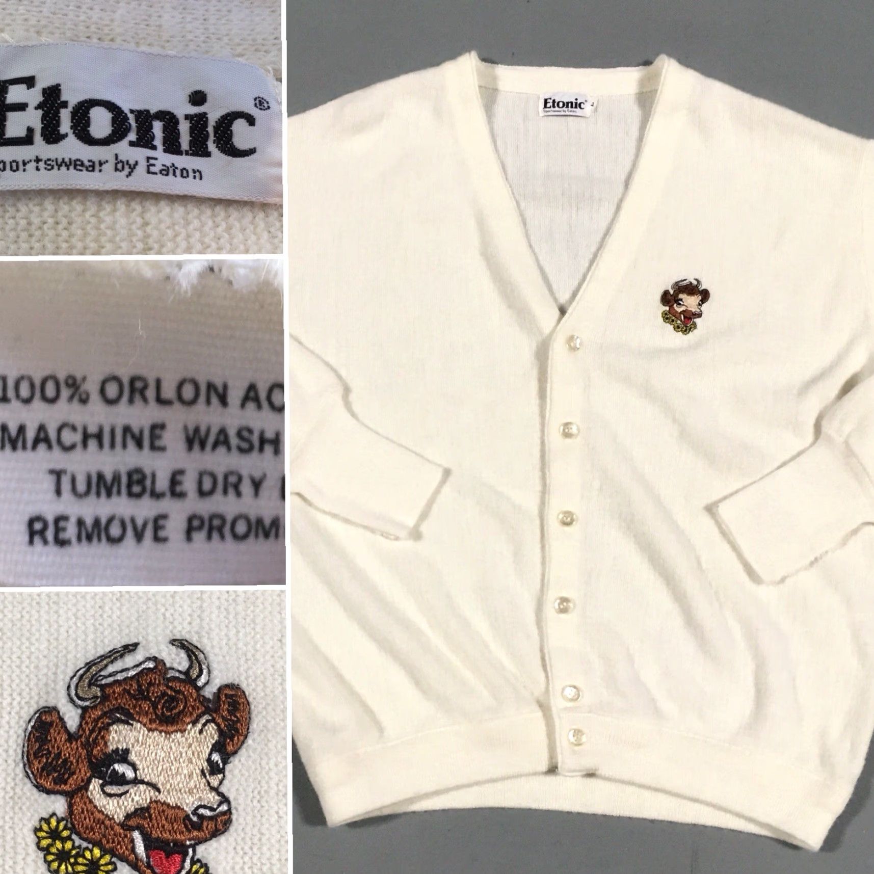 Vintage VINTAGE Elsie The Cow Cardigan Sweater Etonic Sportswear By Eaton Size L Ivory Acrylic Rockabilly Mens Size US L / EU 52-54 / 3 - 4 Thumbnail