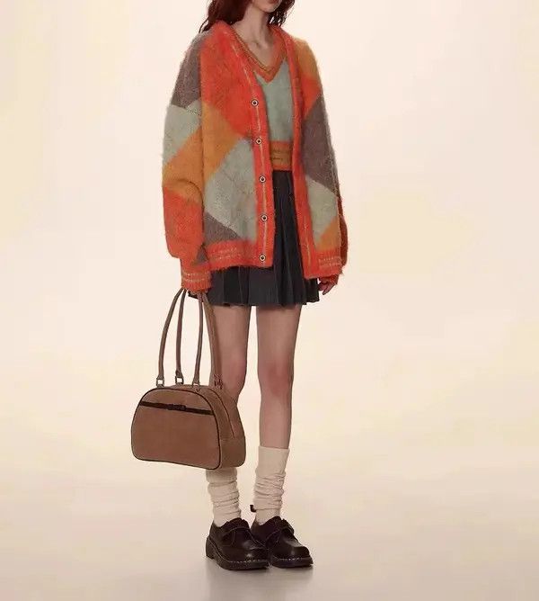 Japanese Brand × Vintage Retro contrasting diamond V-neck knitted cardigan sweater Size M / US 6-8 / IT 42-44 - 2 Thumbnail