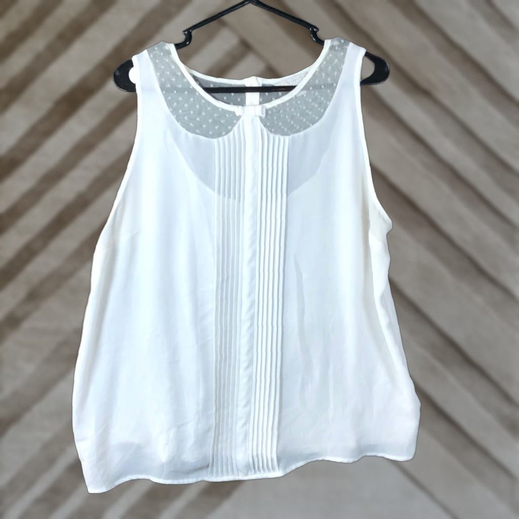 Vintage LC Lauren Conrad Blouse Womens Sleeveless White Bow Pleated Front Lace XL Sheer Casual Workwear, Preppy, 90s? Size XL / US 12-14 / IT 48-50 - 1 Thumbnail