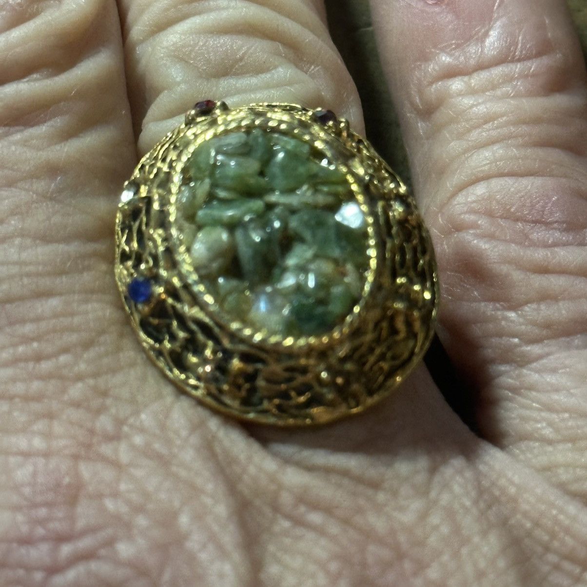 Vintage Vintage gold tone ornate jade chip statement ring Size ONE SIZE - 3 Thumbnail