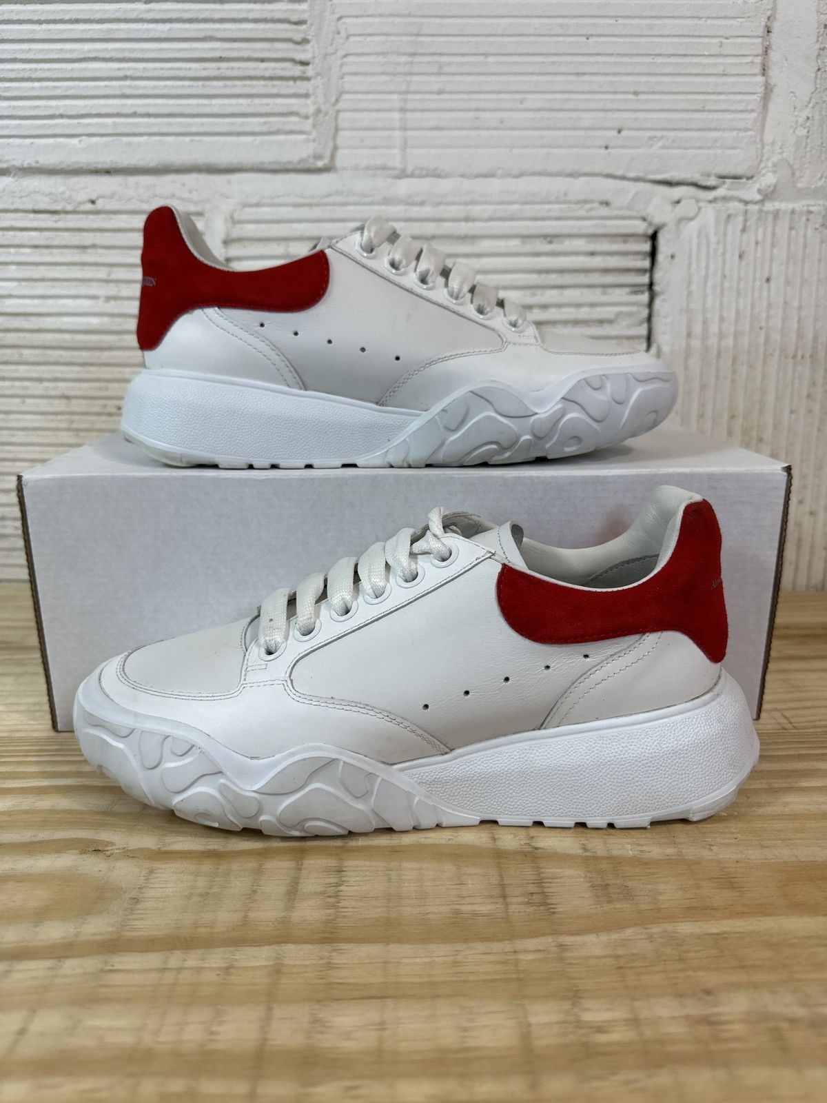 image of Alexander Mcqueen Leather Court Red Tab Low Sneaker Size 37 in White/Red, Men's
