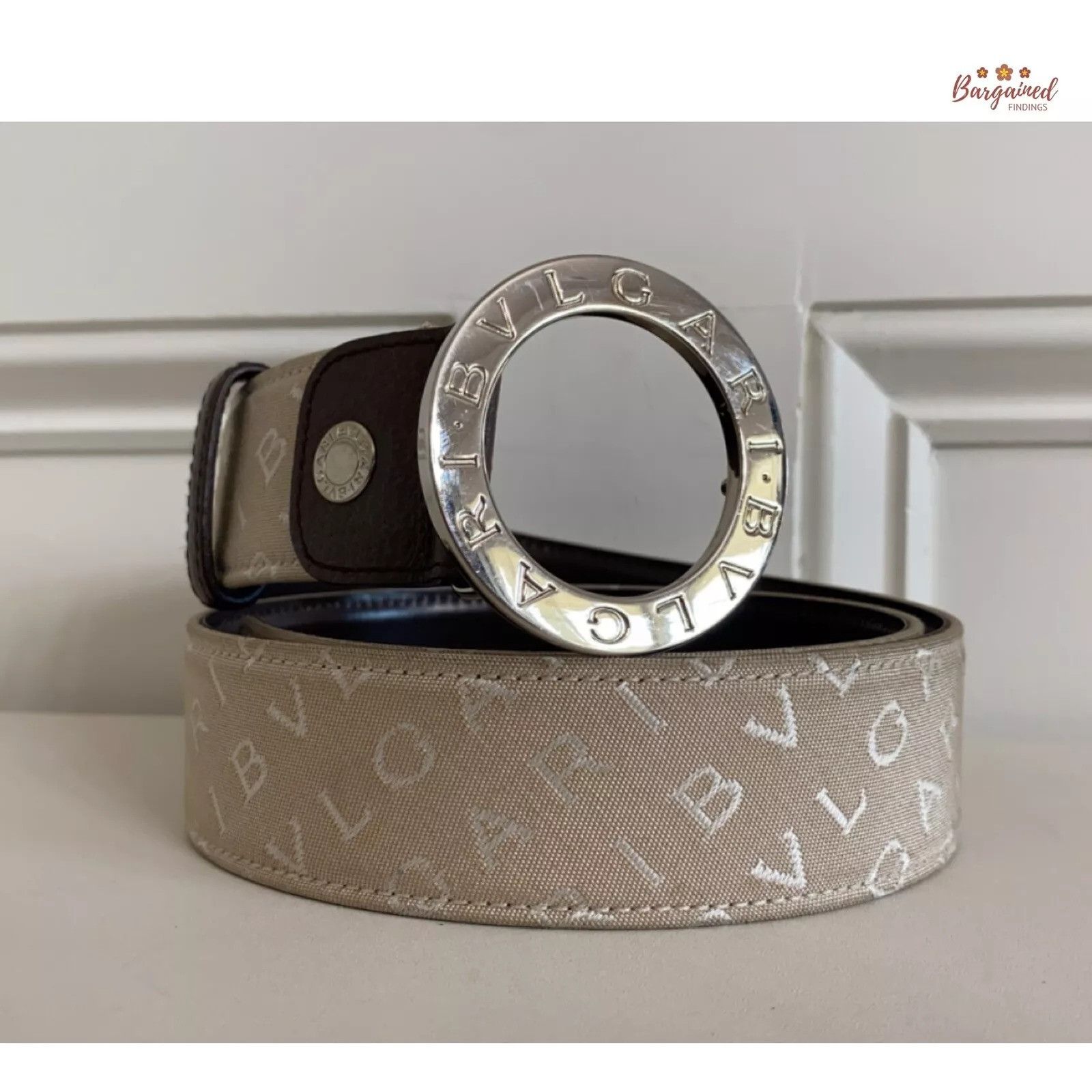 Bvlgari BVLGARI Beige Canvas Dark Brown Leather Silver Round Buckle Size 30 - 1 Thumbnail