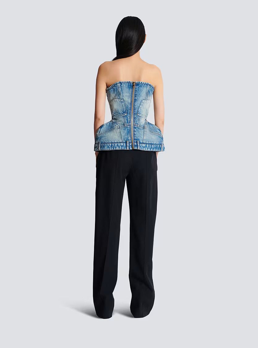 Balmain o1s1wg111225 Structured Denim Bustier in Blue Size L / US 10 / IT 46 - 6 Thumbnail