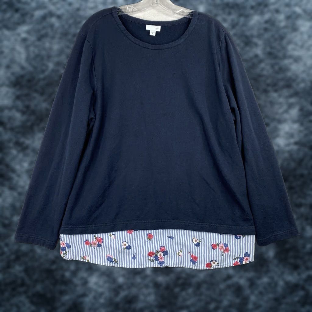 J. Jill J Jill Sweatshirt Top Womens XL Blue Floral Striped Trim Pullover Stretch Casual Knit Cotton Button Fringe Tunic Crewneck Size XL / US 12-14 / IT 48-50 - 1 Thumbnail