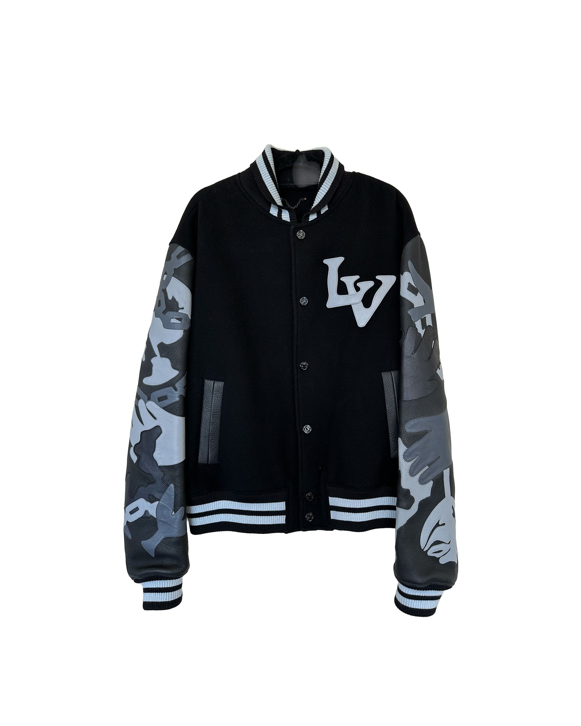 image of Louis Vuitton Chains Camo Black Varsity Jacket, Men's (Size XL)