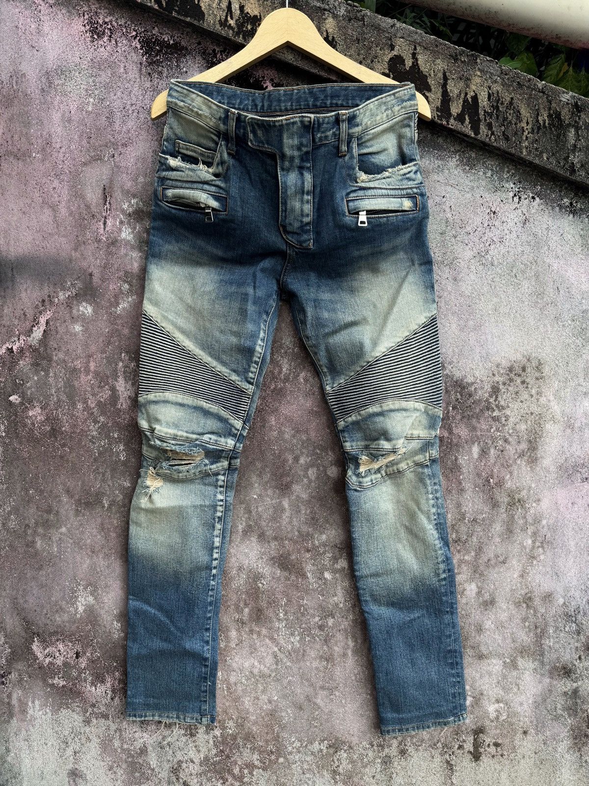 Balmain Blue Washed Destroyed Denim Biker Jeans | Grailed
