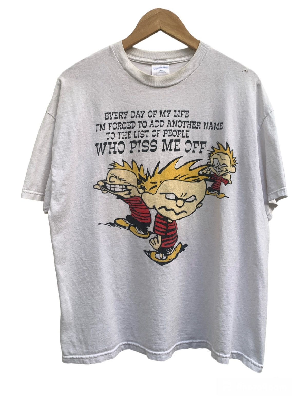 image of Rare Vintage 90's Calvin & Hobbs Who Piss Me Off T-Shirt in White, Men's (Size XL)