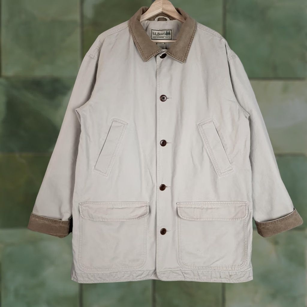 Vintage LL Bean Barn Coat Mens LT Beige Canvas Corduroy Collar Lined Workwear Overcoat Button Front Size US L / EU 52-54 / 3 - 1 Thumbnail