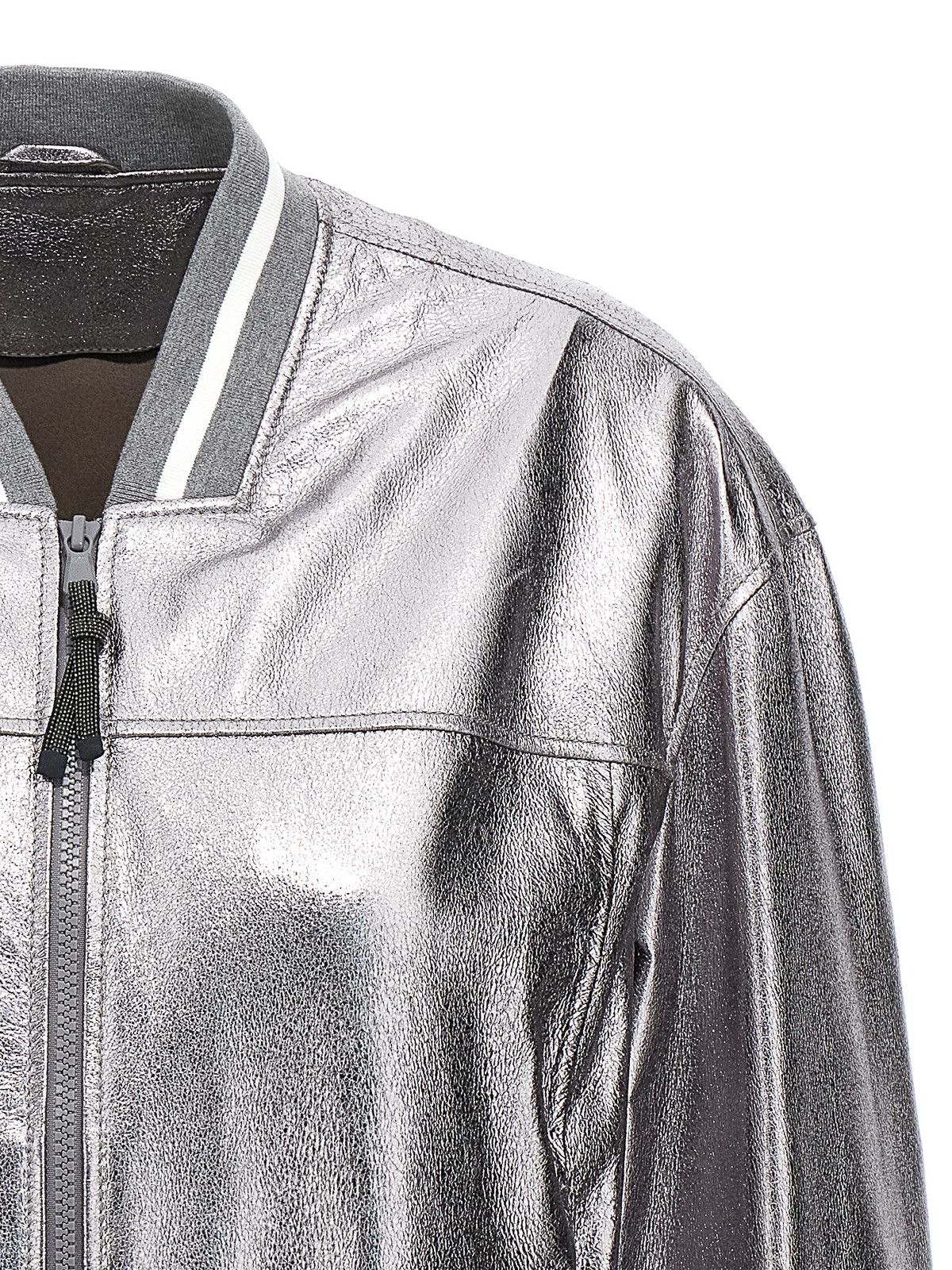 Brunello Cucinelli o1y0725 Leather Bomber Jacket in Silver Size M / US 6-8 / IT 42-44 - 3 Thumbnail