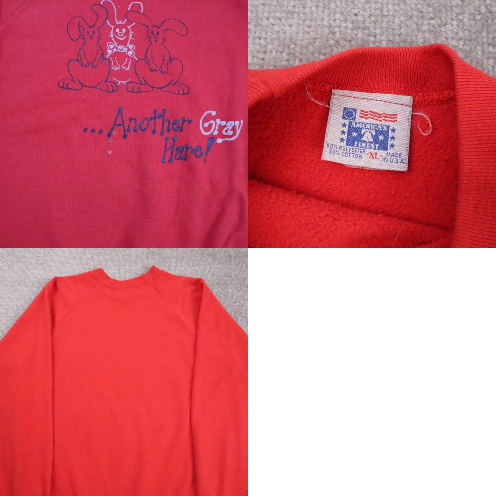 HARE VINTAGE Gray Hare Rabbit Made in USA XL Red Long Sleeve Pullover Sweatshirt Mens Size US XL / EU 56 / 4 - 8 Thumbnail