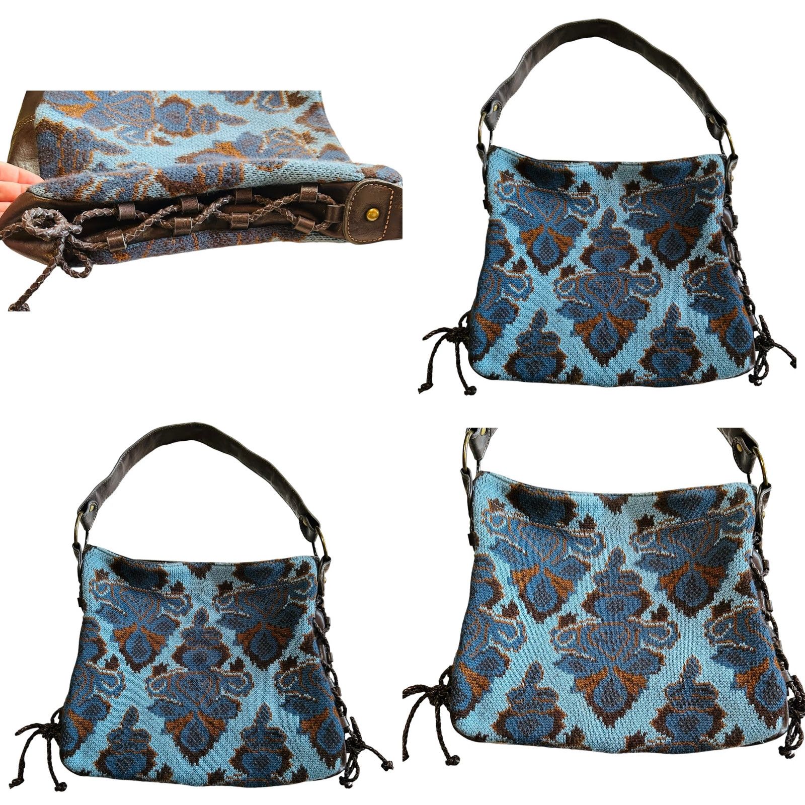 Vintage Stamp 10 Women Fabric &Faux Leather Purse Shoulder Handbag Blue &Brown Bohemian Bag Shoulder Brown &Blue Paisley 11x13in 10in Strap Women’s Handbag Size ONE SIZE - 9 Thumbnail