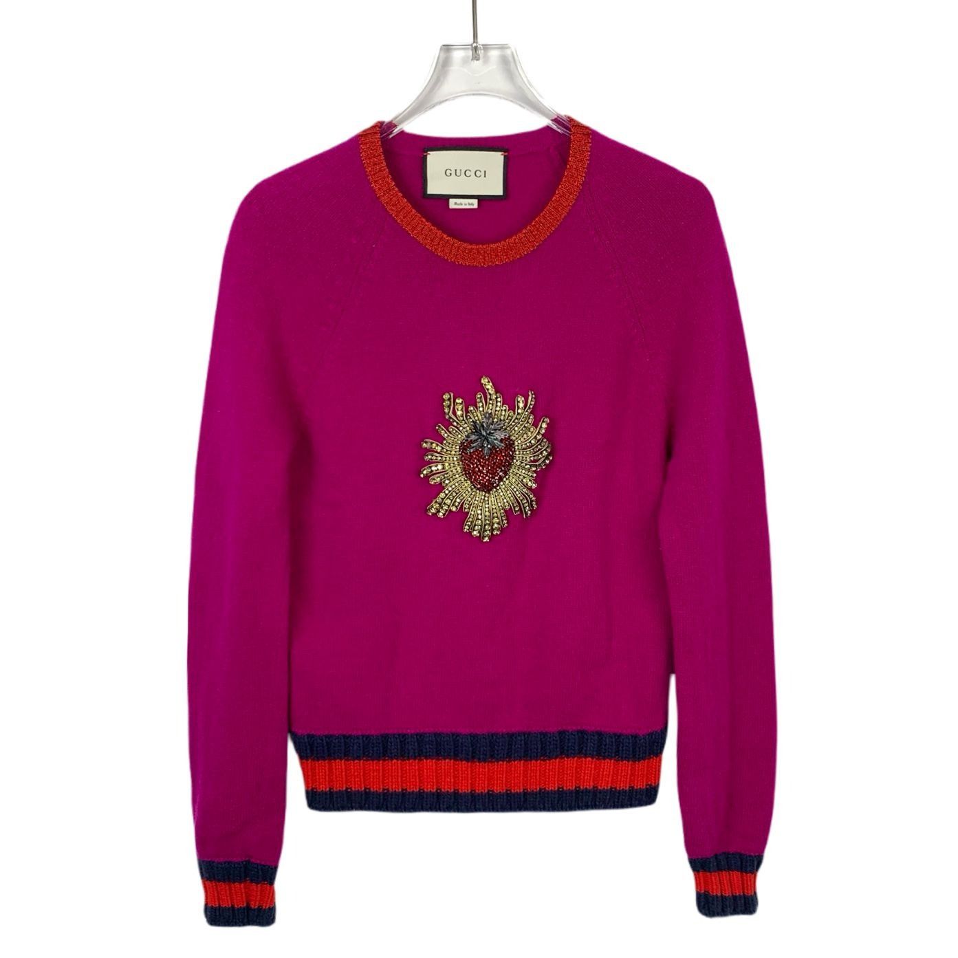 Gucci Pink Strawberry Embellished Crewneck Wool Sweater (Siz