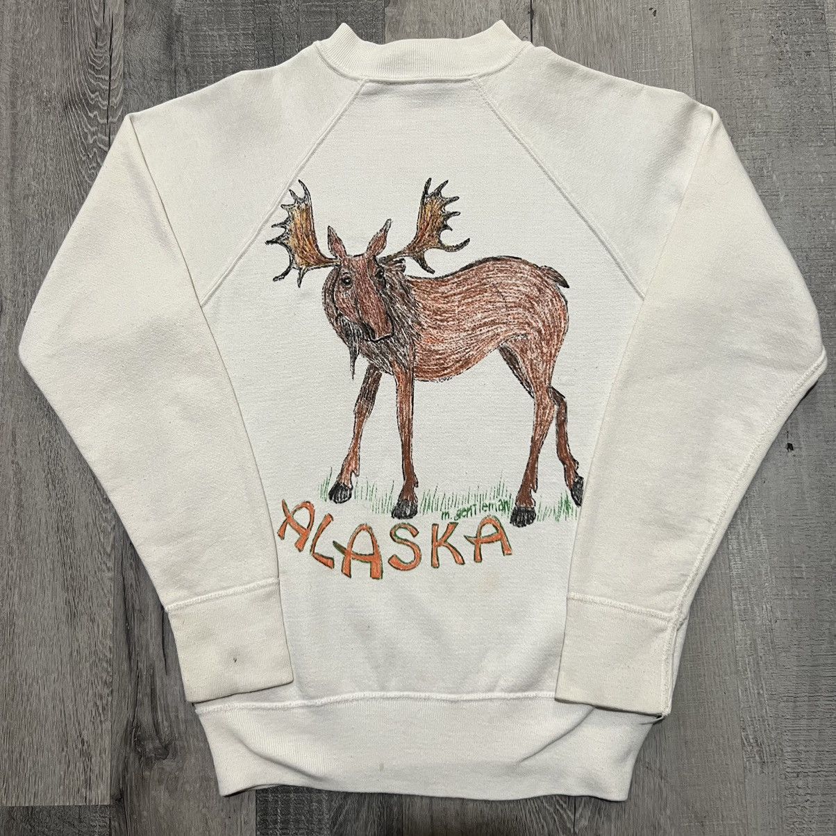 Image of VTG 50’S/60’S Hanes Breeze Shield Alaska Moose Sweatshirt in White, Men's (Size Small)