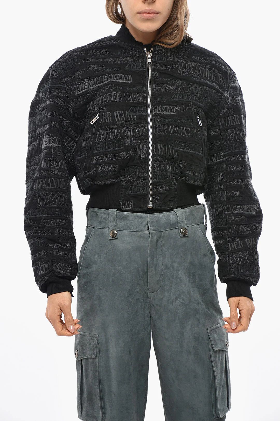Alexander Wang og1mm0426 Embroidered Denim Cropped-Fit Bomber Jacket Black Size M / US 6-8 / IT 42-44 - 1 Thumbnail