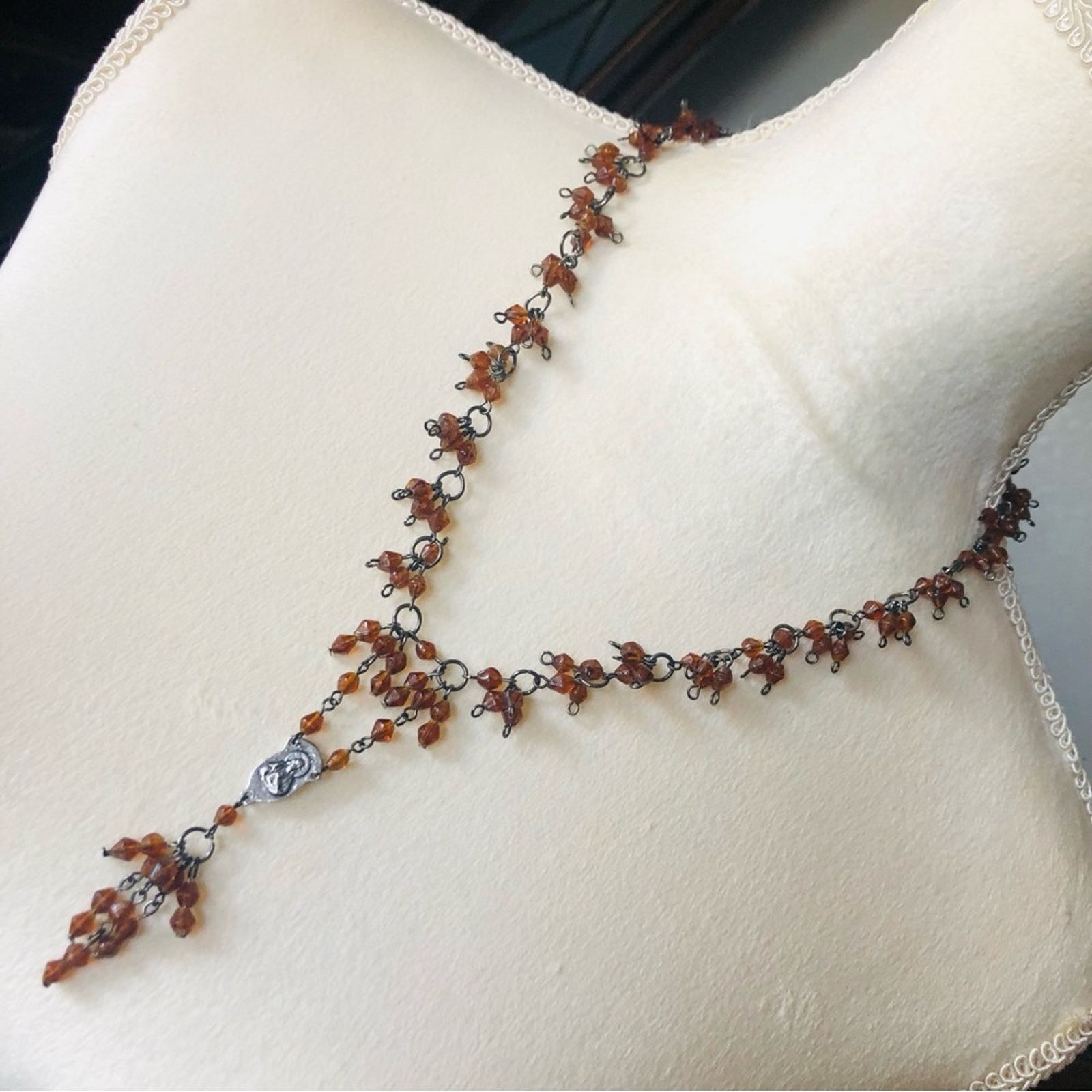 Jewelry Religious Brown Glass Bead Silver Tone Y Necklace, Women's
