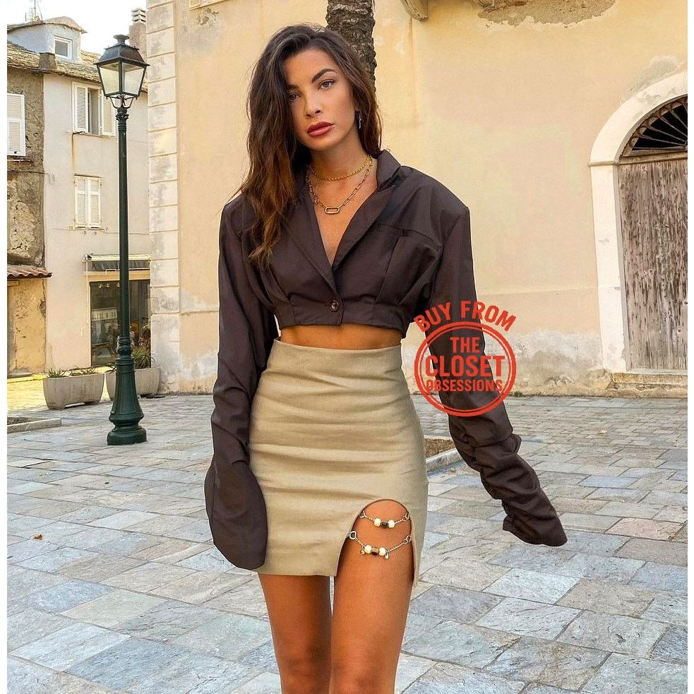 Zara Zara Tan Linen Mini Skirt Slit Beaded Detail High Waisted Size 33" - 2 Thumbnail