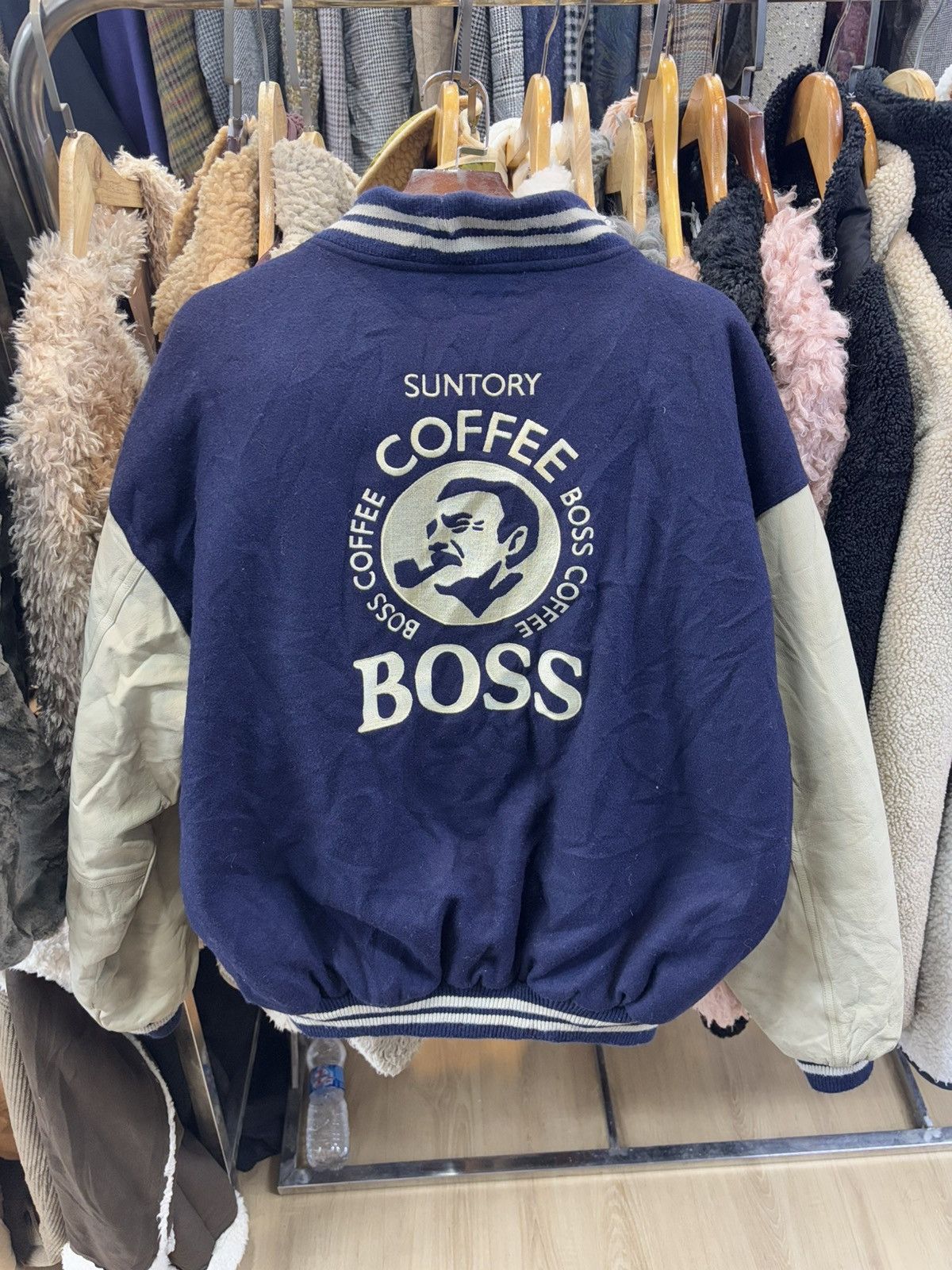 SUNTORY BOSS COFFEE WOOL LEATHER VARSITY JACKET