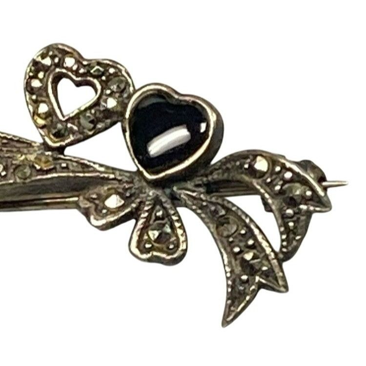 Other Vintage 925 Sterling Silver Brooch With Black Onyx Heart & M Size ONE SIZE - 6 Thumbnail