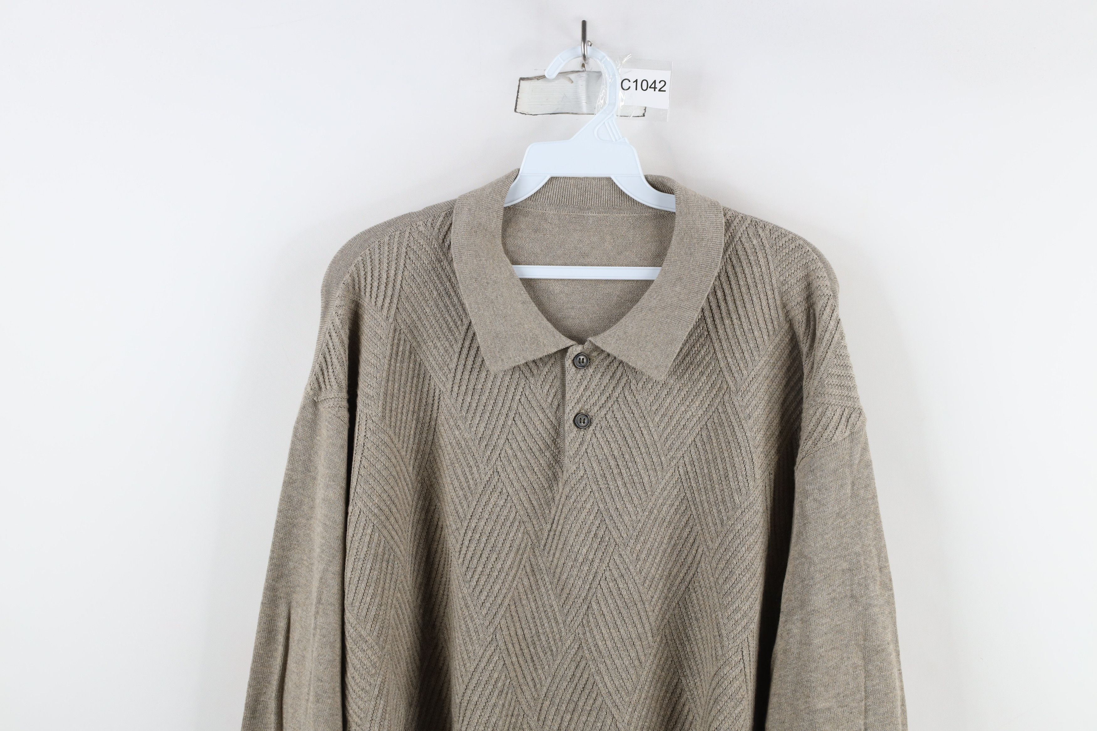 Vintage Vintage 90s Streetwear Diamond Knit Collared Polo Beige Size US XXL / EU 58 / 5 - 2 Thumbnail