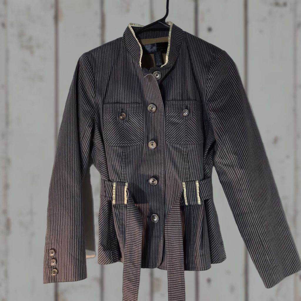 Vintage Apostrophe Women's Blue/Gray Striped Cotton Denim Jacket Mid-Length Belted Long Sleeve Size 6 Size M / US 6-8 / IT 42-44 - 1 Thumbnail