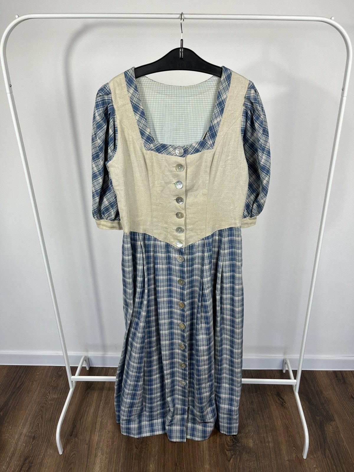 Other Vintage Dirndl Style Dress Blue Plaid Linen Folk Maxi Dress Size M / US 6-8 / IT 42-44 - 1 Thumbnail