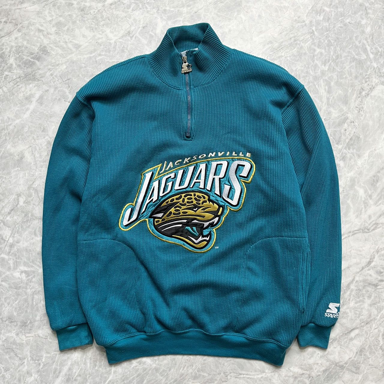 NFL × Starter × Vintage VTG JACKSONVILLE JAGUARS WAFFLE KNIT HALF ZIP SWEATSHIRT Size US L / EU 52-54 / 3 - 1 Thumbnail