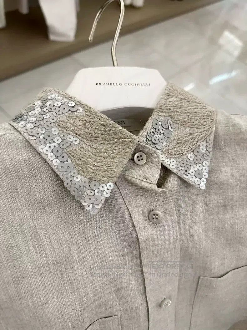 Brunello Cucinelli Brunello Cucinelli Loose linen shirt with sequin collar Size L / US 10 / IT 46 - 3 Thumbnail