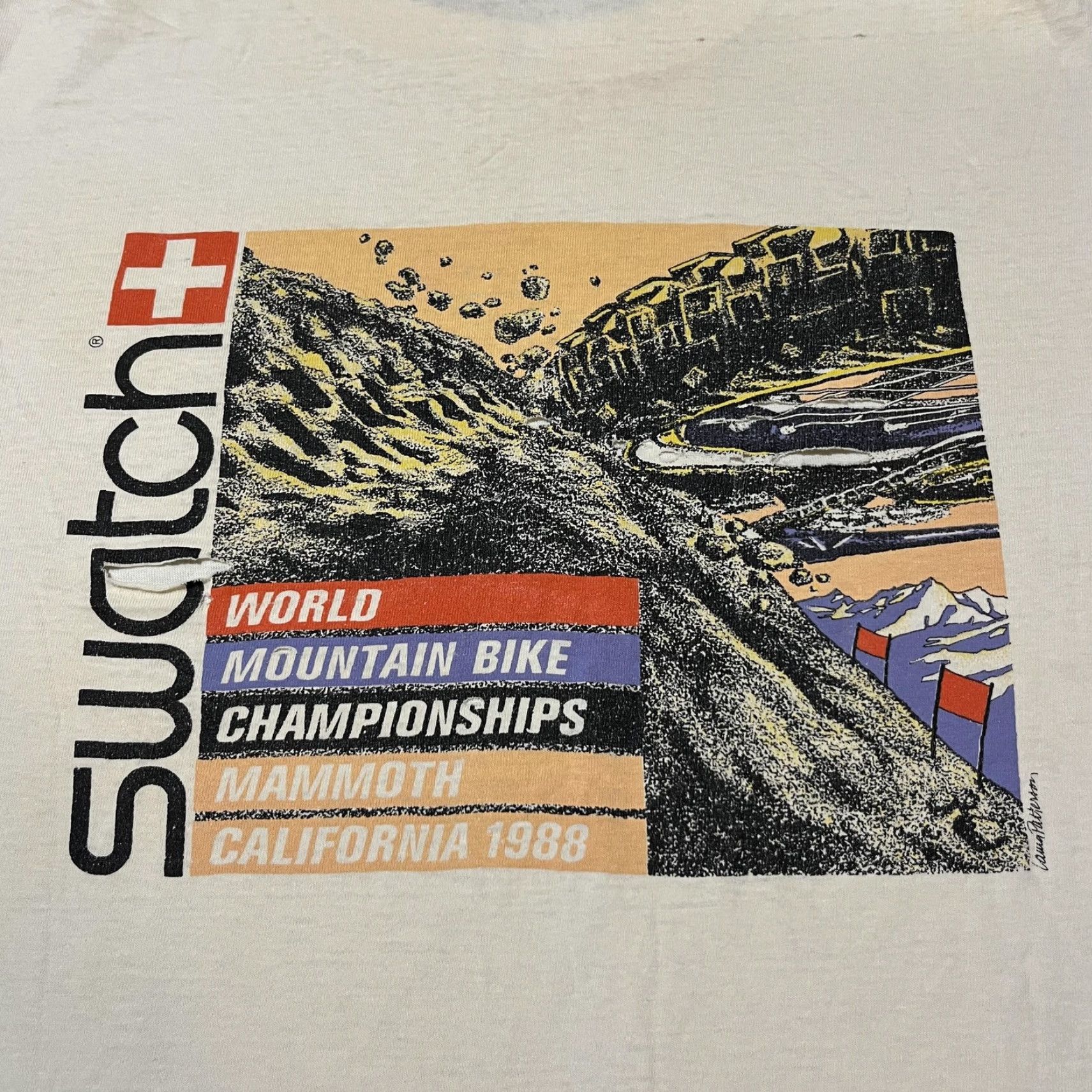 VINTAGE Swatch World Mountain Bike Championships T-Shirt Mens Medium White 80s Graphic Print Short Sleeve Crew Neck 1988