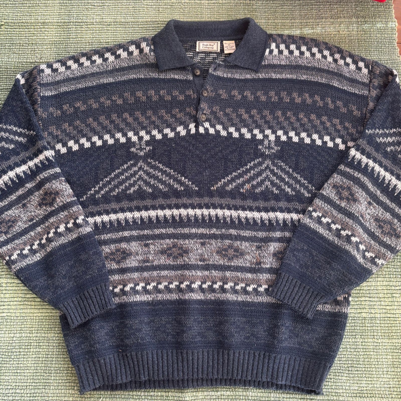 Bugle Boy × Vintage Vintage 90s Bugle Boy patterned acrylic collared sweater XL Size US XL / EU 56 / 4 - 1 Thumbnail