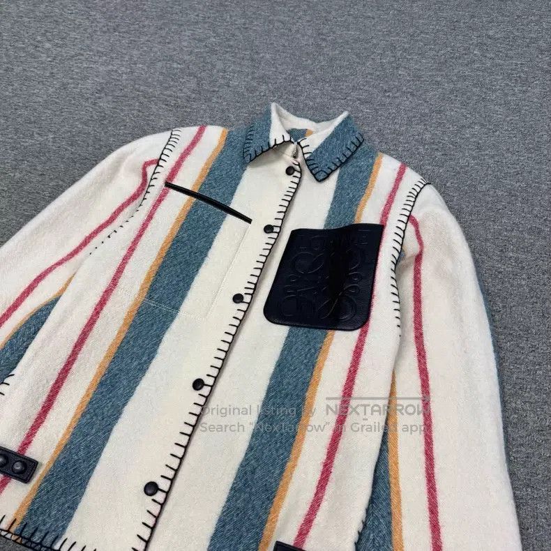 Loewe Loewe Ivory Striped Leather Pocket Collar Wool Shirt Jacke Size 4XL / US 24-26 - 3 Thumbnail