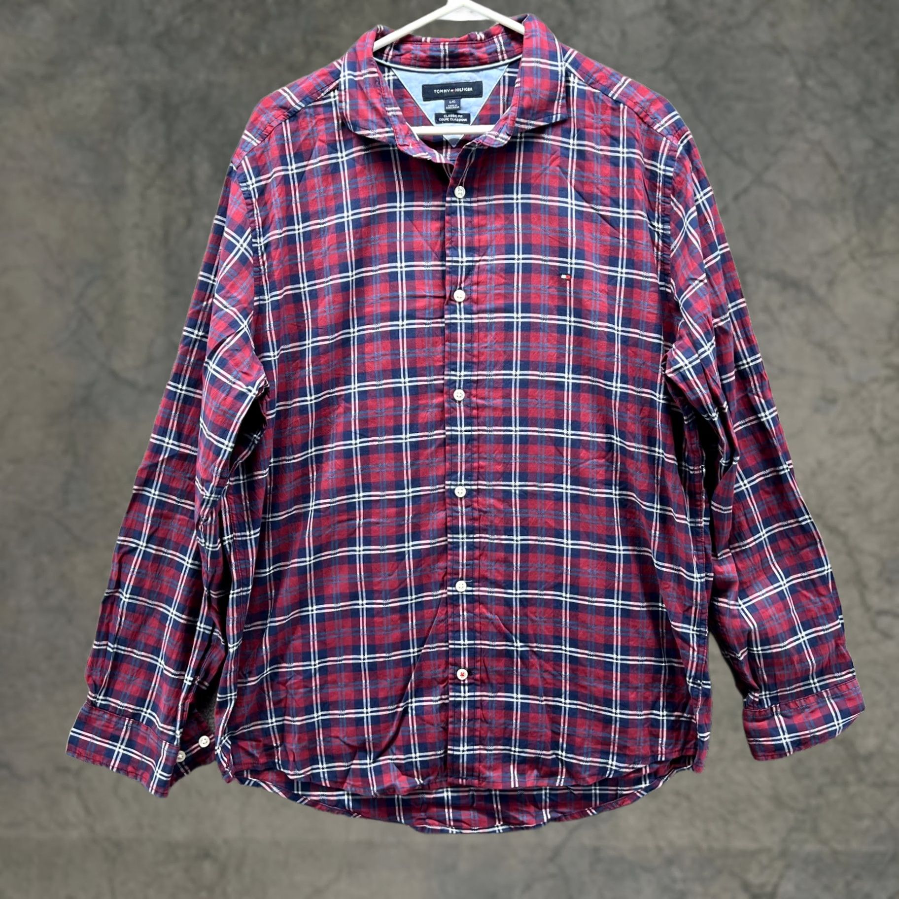 Tommy Hilfiger VINTAGE Tommy Hilfiger Dress Shirt Men L Red Blue Button-Down Plaid Classic Preppy Shirt Size 42R - 1 Thumbnail