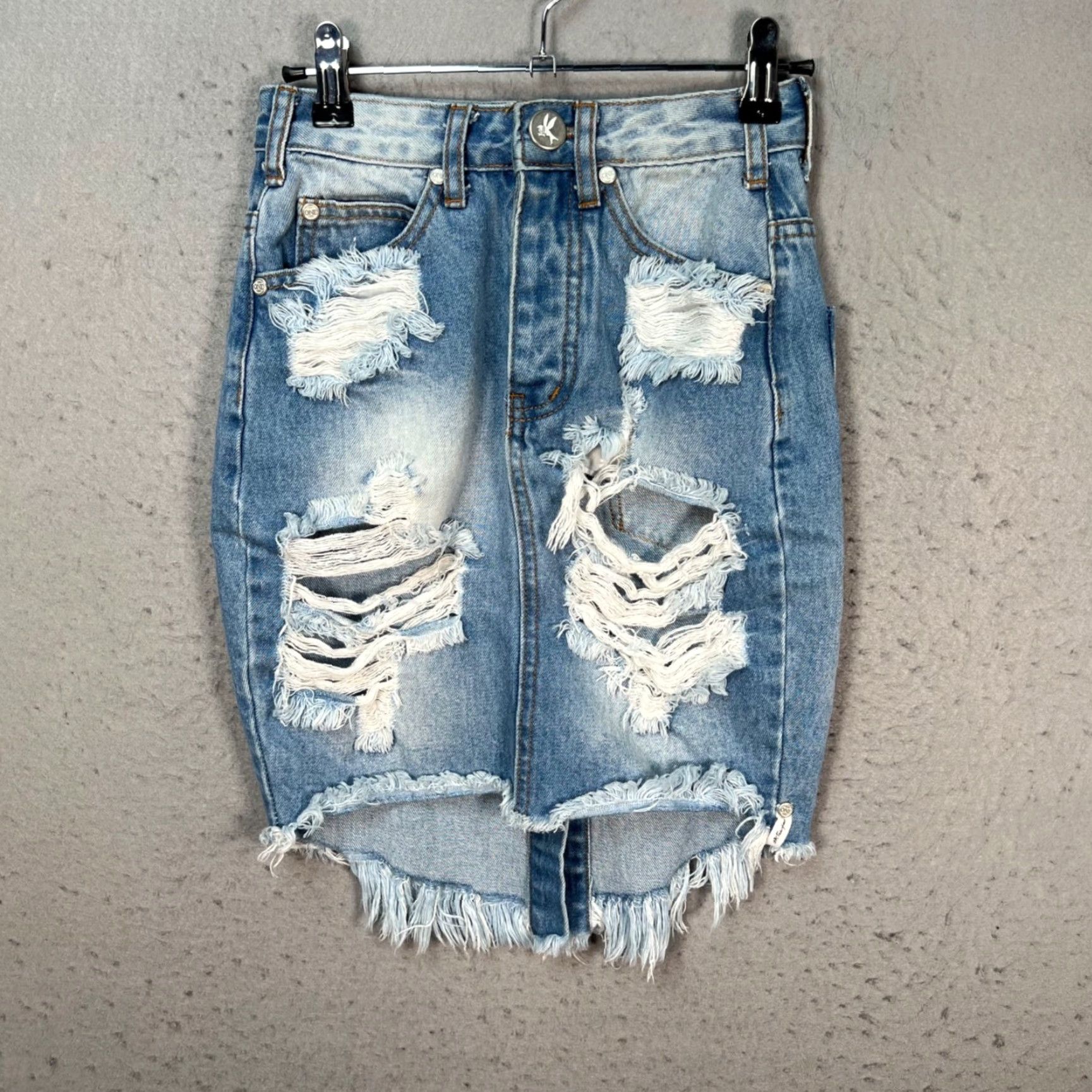 Vintage One Teaspoon Womens Skirt Denim Knee Length Distressed Blue 22 High Rise Frayed Edges Straight & Pencil Vintage Size 40" / US 18 - 2 Thumbnail