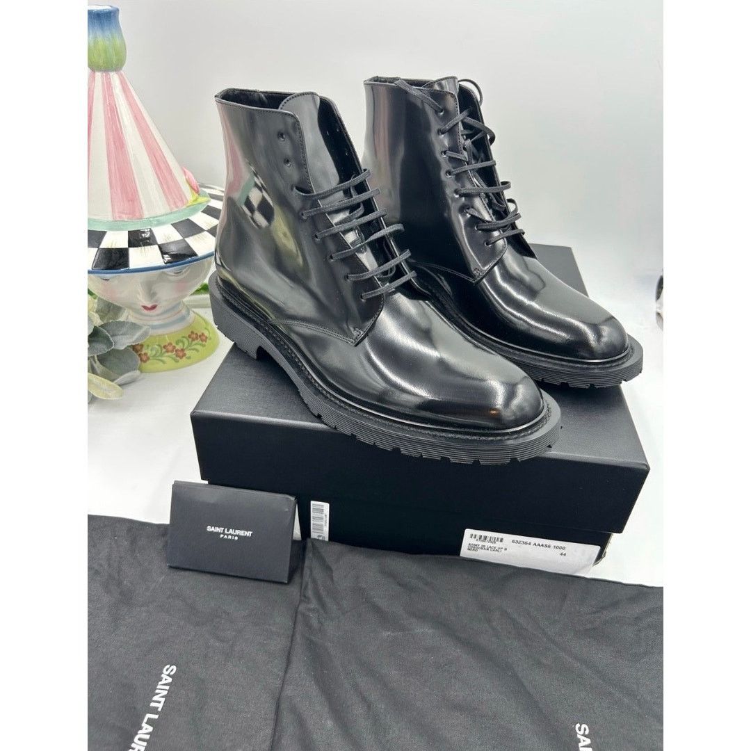 Saint Laurent Paris Mens Saint Laurent Glossy Black Lace-Up Ankle Boots size 44 Size US 11 / EU 44 - 2 Thumbnail