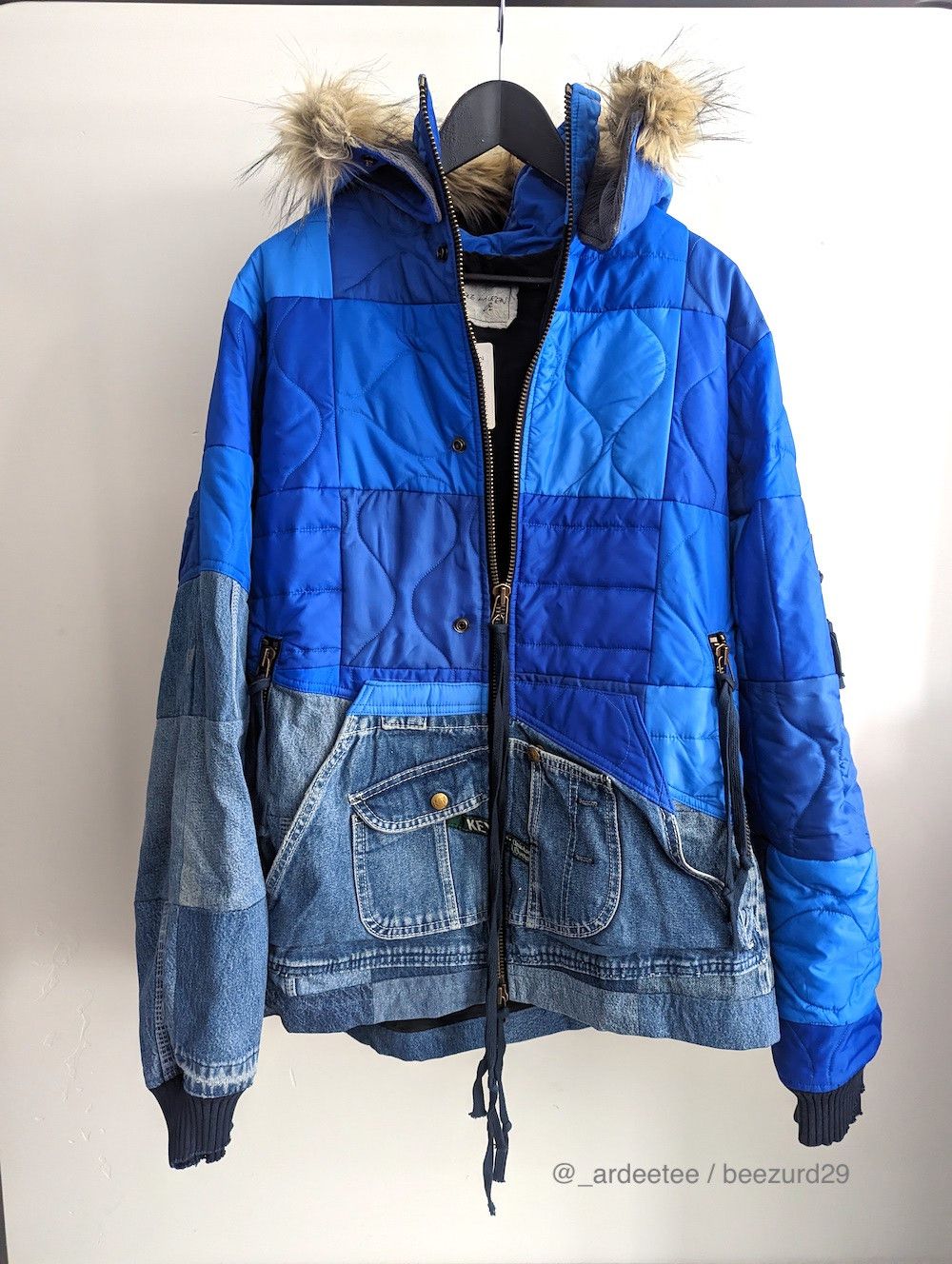 image of Greg Lauren New Nylon Scrapwork 50/50 Retro Puffy Fur Jacket $3,750 in Blue Patchwork (Size XL)