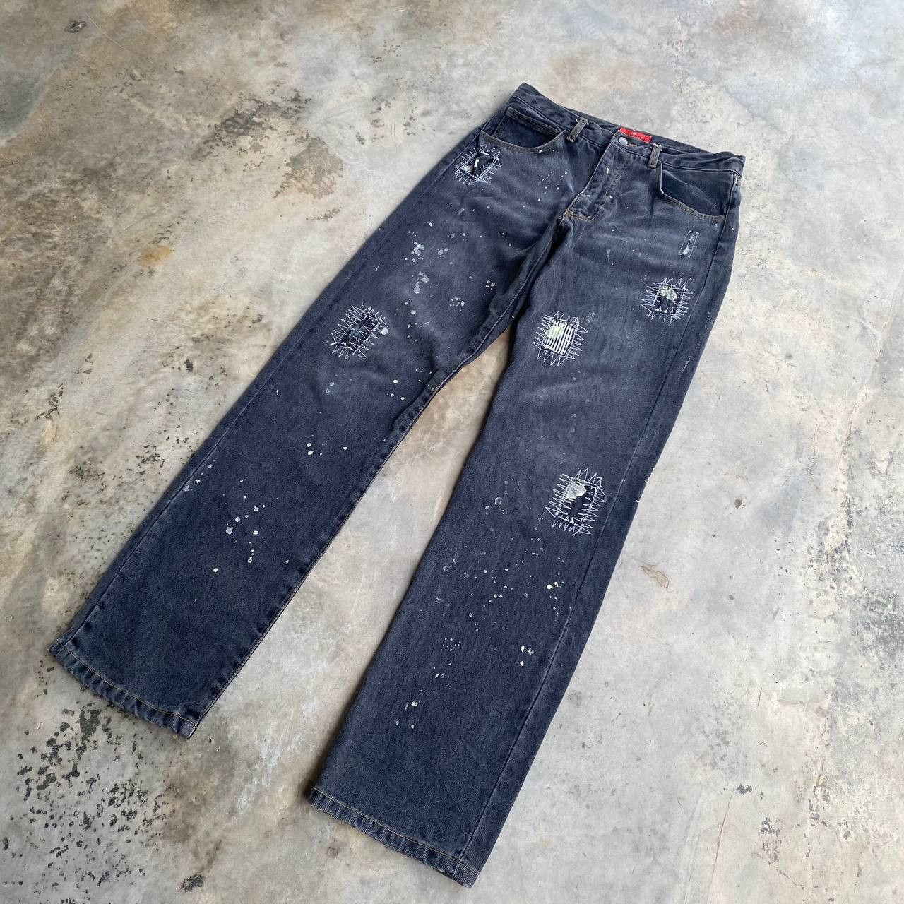 Japanese Brand EVOLUTION JE PENSE DISTRESSED PAINTED SPIDERWEB FADED BLACK Size US 30 / EU 46 - 10 Thumbnail