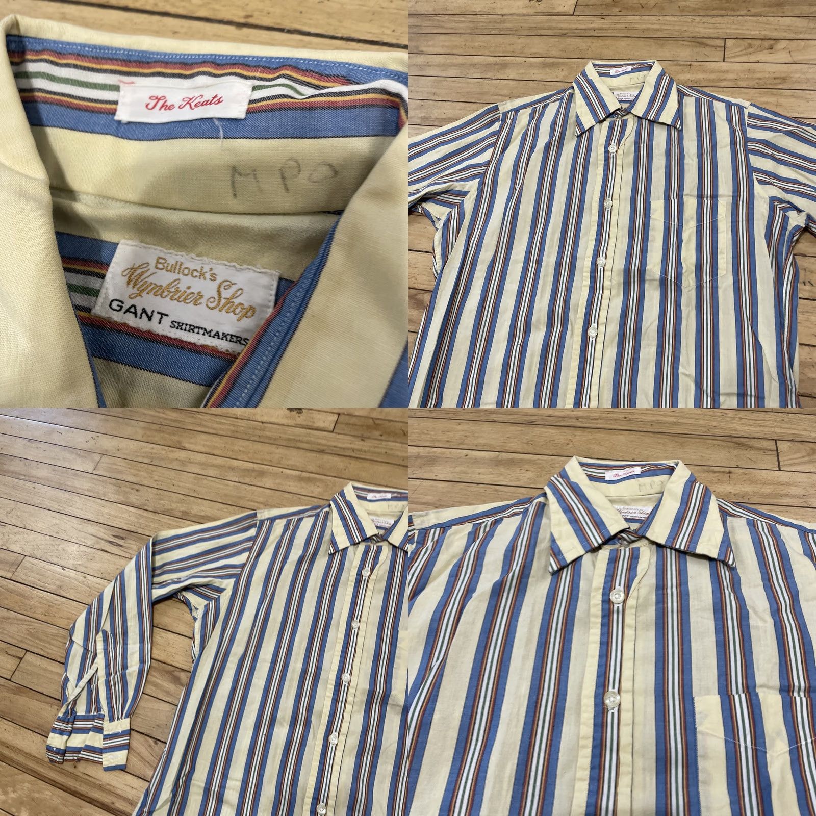 Gant VINTAGE GANT Shirt Regular 15.5 34 Blue Yellow Cream Green Striped Button-Up Western Cowboy 70s 90s Bohemian Grandpa Point Collar USA Mens Size US L / EU 52-54 / 3 - 10 Thumbnail