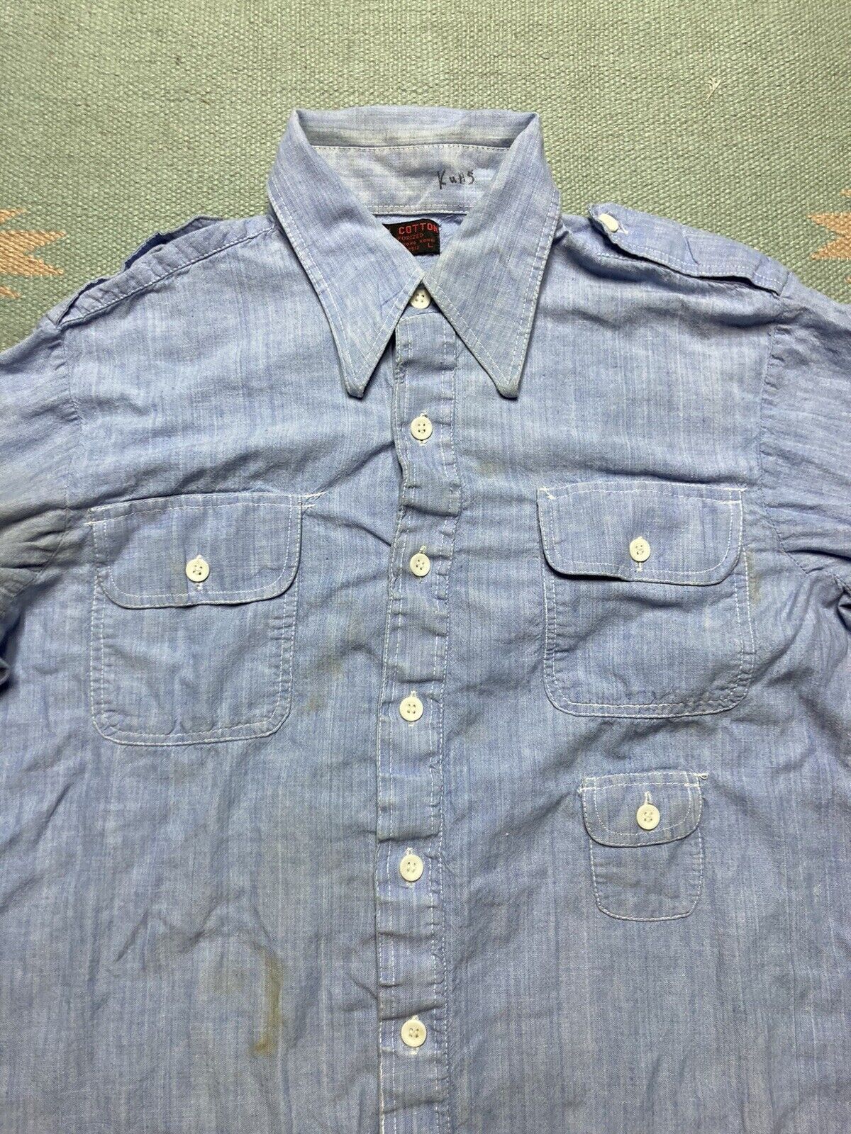 Vintage VTG 60s 70s chambray shirt sanforized cotton distressed L Size US L / EU 52-54 / 3 - 6 Thumbnail