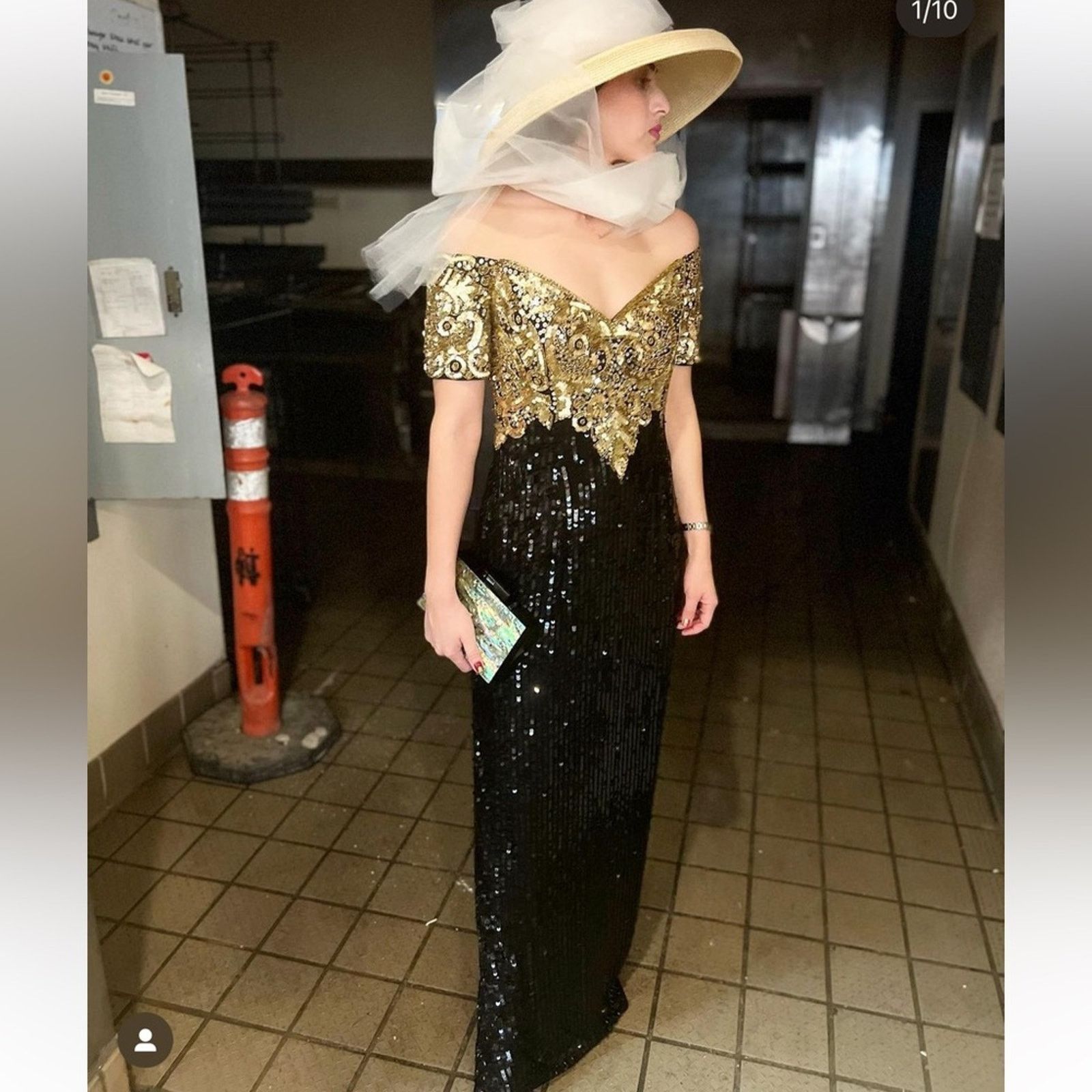 80s Oleg Cassini black gold glam off the shoulder maxi dress