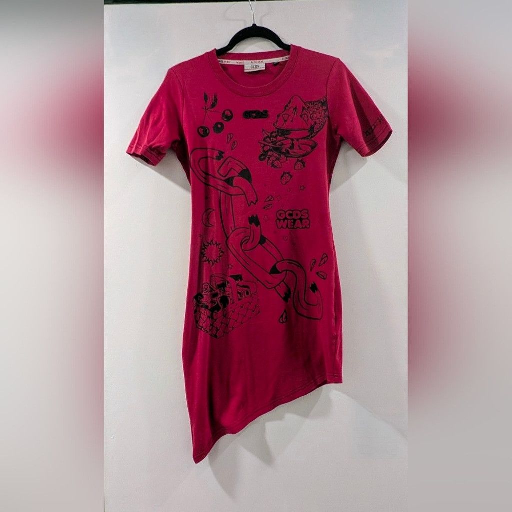 GCDS GCDS Pink Asymmetrical T-Shirt Dress with Black Graphics Size L / US 10 / IT 46 - 2 Thumbnail