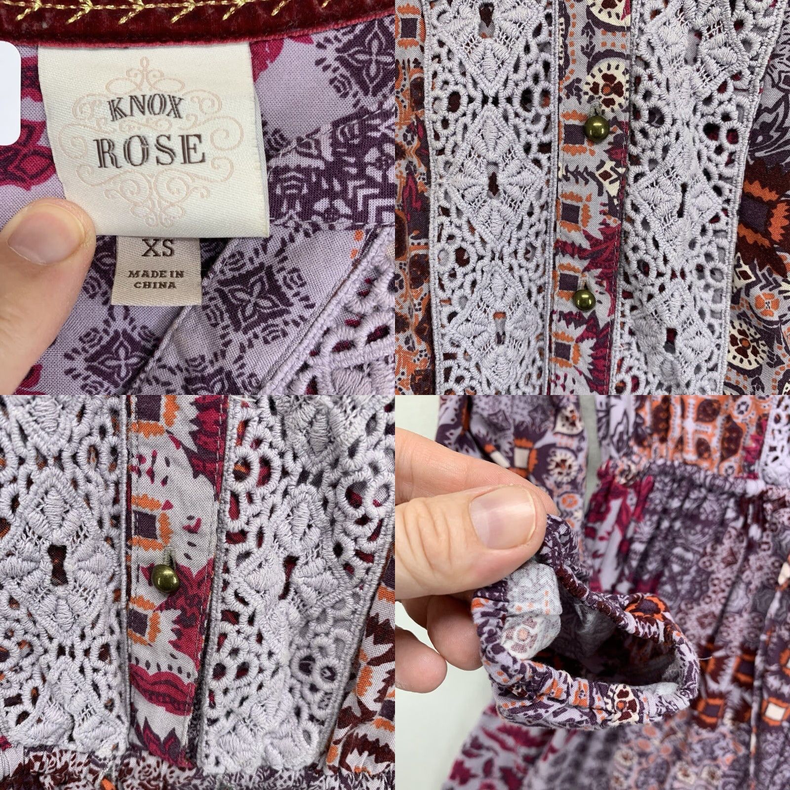 Vintage Knox Rose Geometric Midi Dress XS Purple Long Sleeve V-Neck Embroidered Hippie Bohemian Womens Size XS / US 0-2 / IT 36-38 - 8 Thumbnail