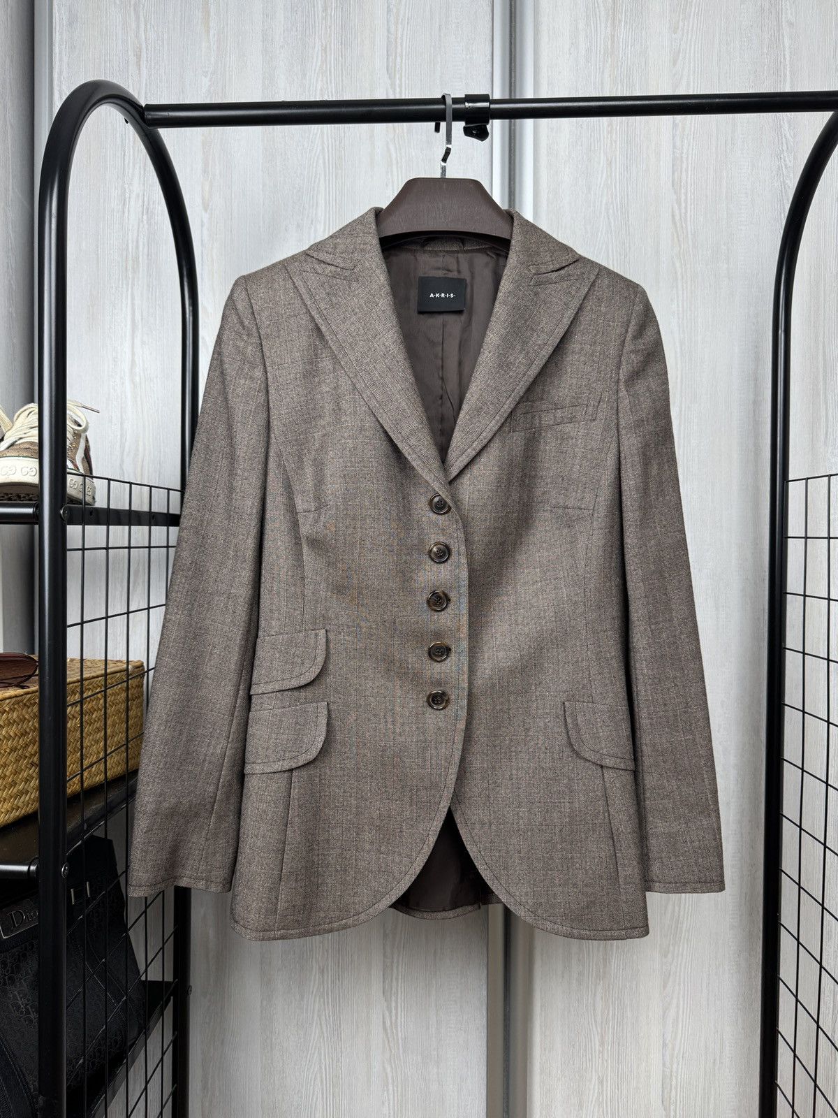 Akris beige brown 50s style wool checkered blazer