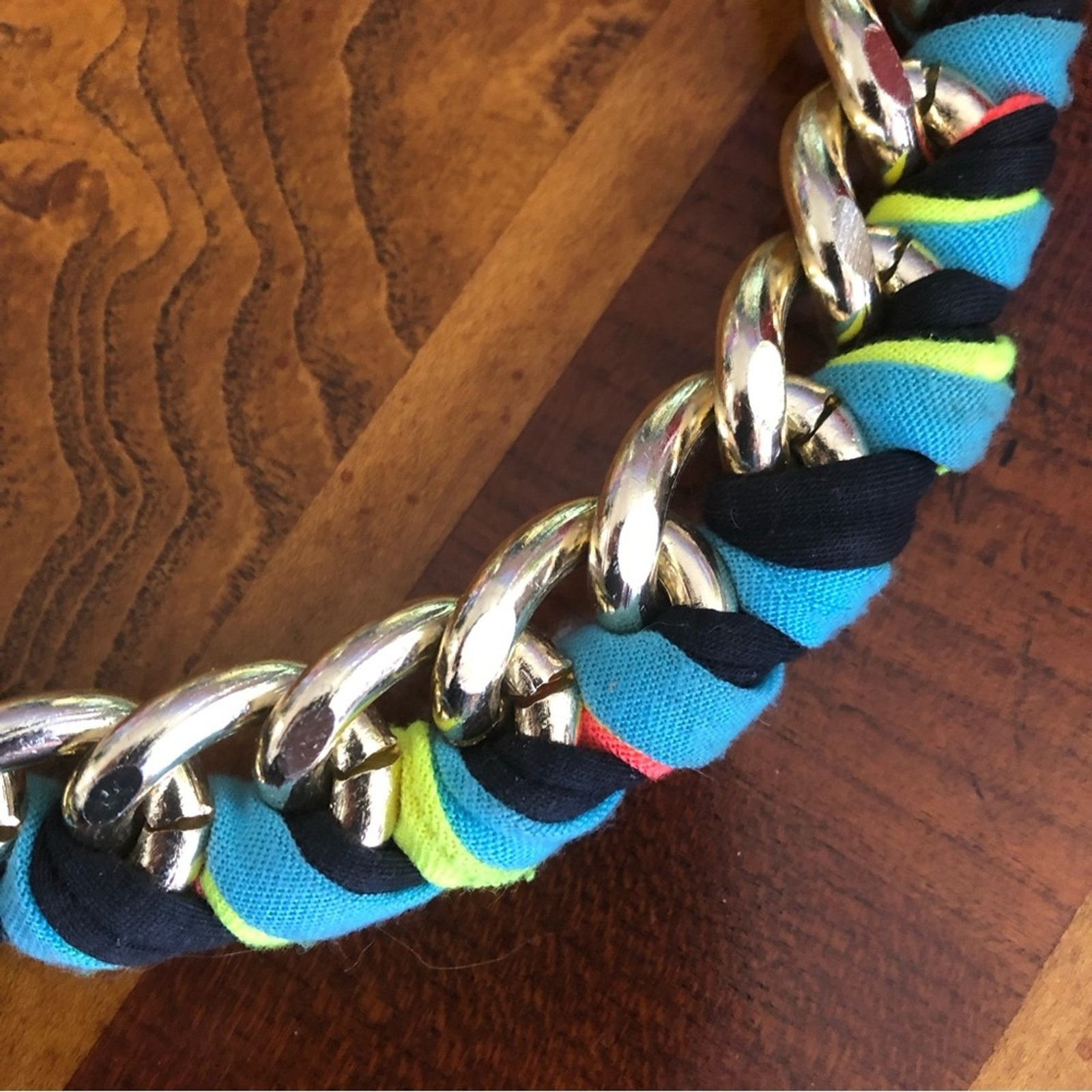 Handmade Hand crafted colorful ribbon braided gold chain necklace Size ONE SIZE - 9 Thumbnail