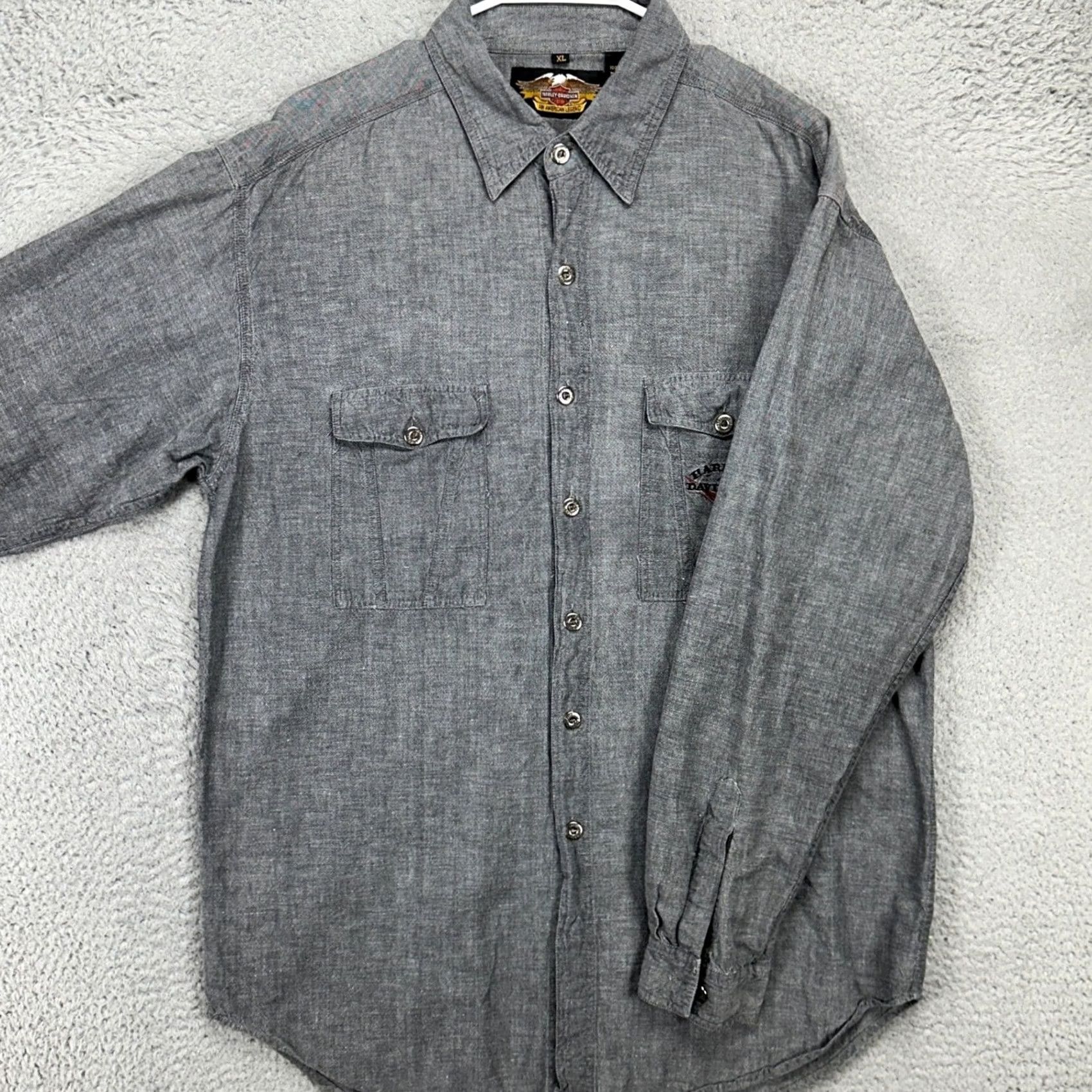 Harley Davidson Harley-Davidson Shirt XL Grey Button-Up Long Sleeve Chambray Flap Pockets Button-Up Mens Shirt Size US XL / EU 56 / 4 - 2 Thumbnail