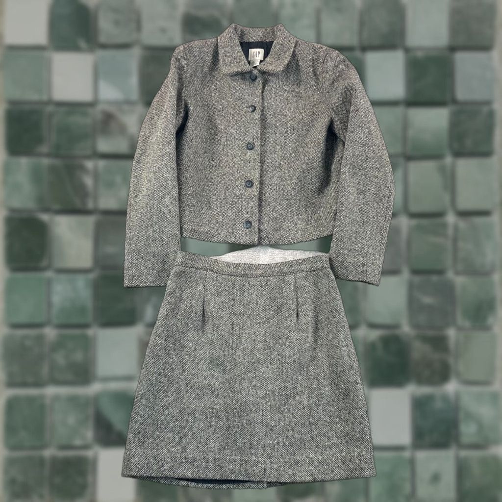 Gap VINTAGE GAP Skirt & Jacket 2 Piece Set Women 4 Grey Wool Blend Pleated Tweed Grey 1990s Womens Size 42" / US 20 - 1 Thumbnail