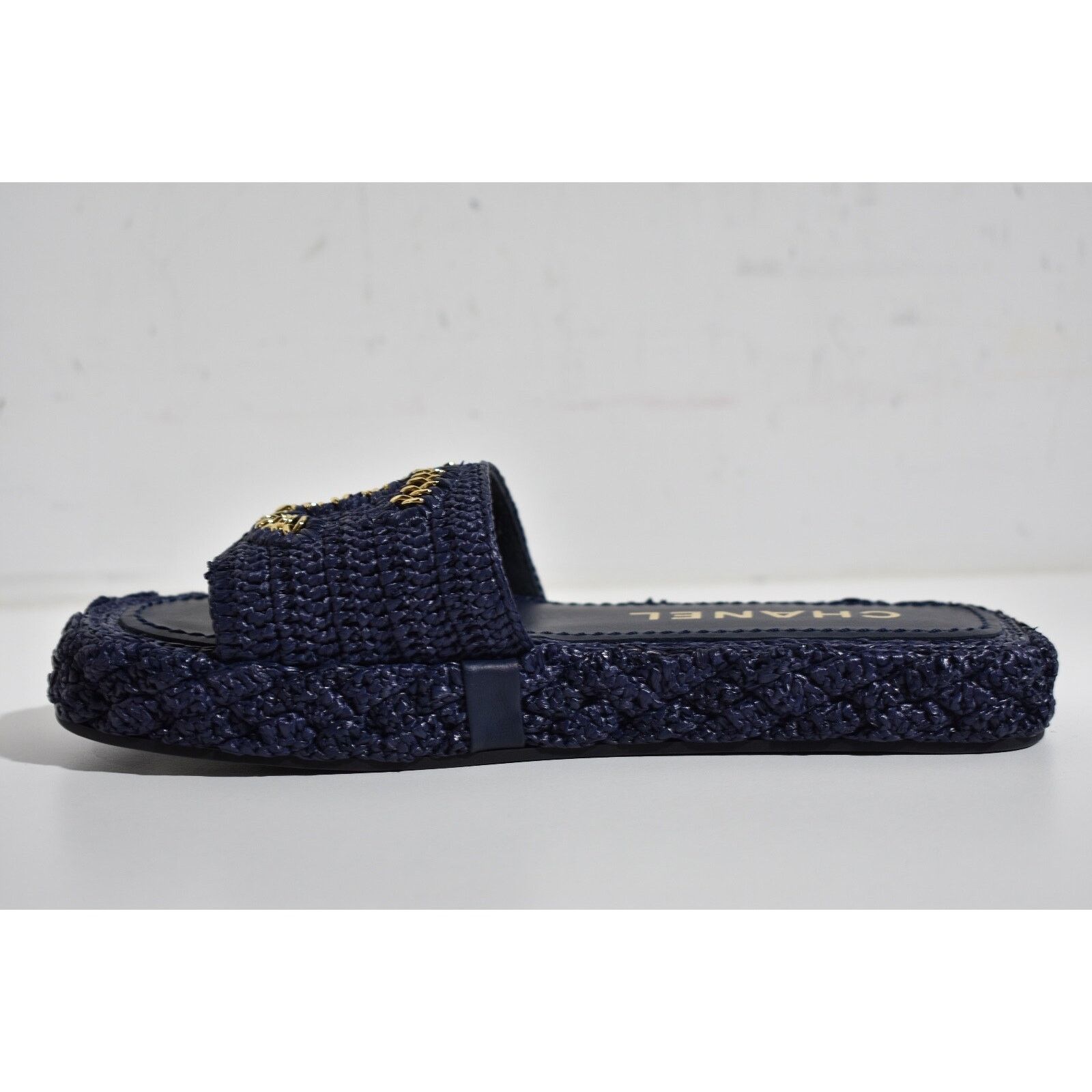 Chanel Chanel 21C Navy Blue Cord Gold Chain CC Logo Mule Slide Size US 7 / IT 37 - 9 Thumbnail