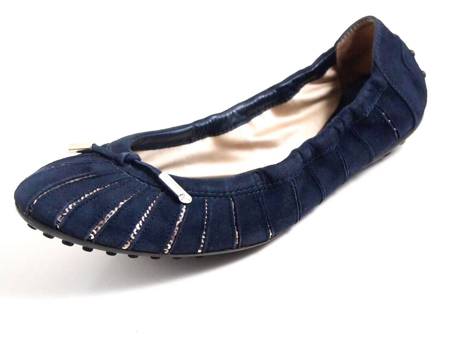 Tod's Ballet Flat Blue Suede Gold Sequins EU 37.5 US 7.5