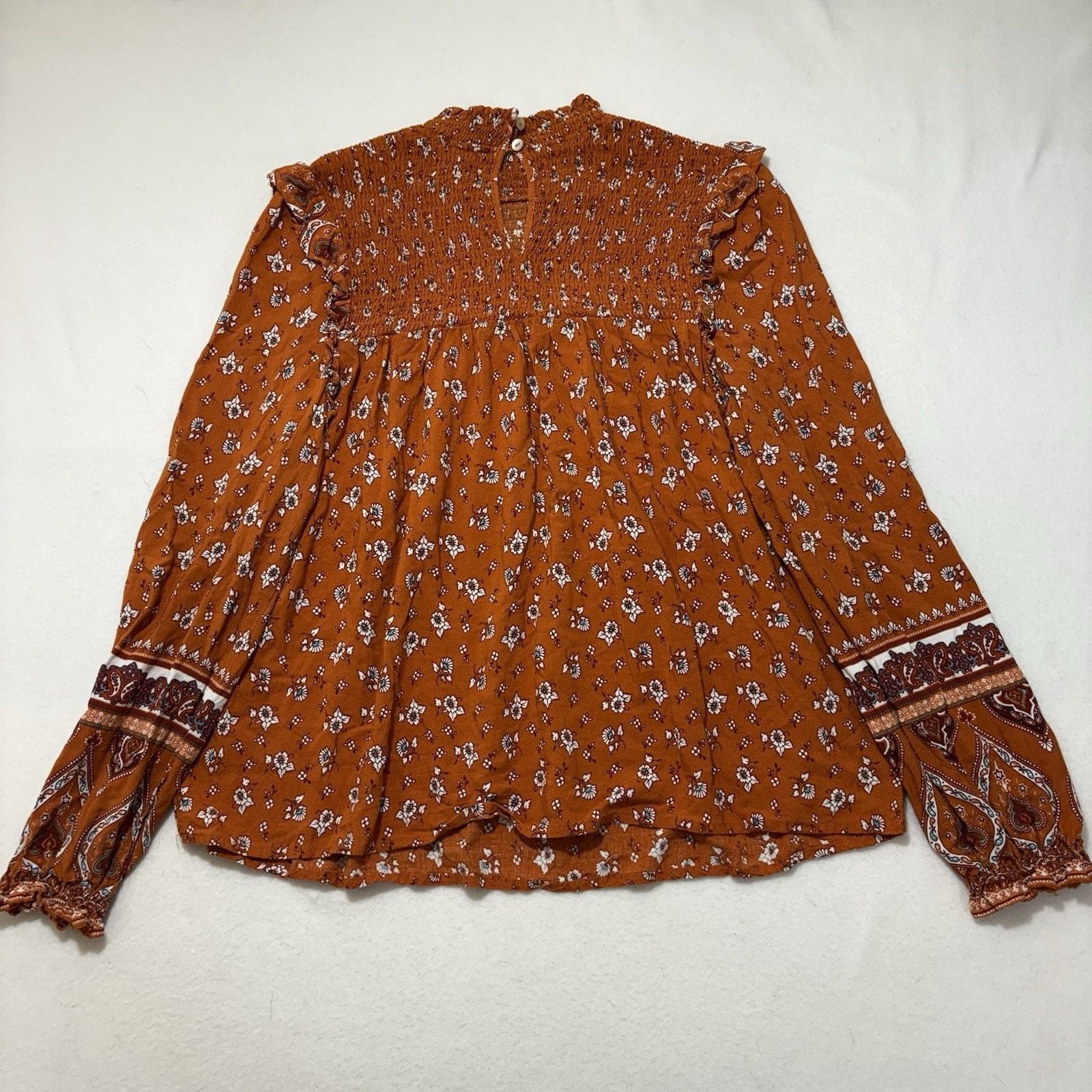 Forever 21 Foreve 21 Medium Smocked Boho Top Orange Floral Blouse Size M / US 6-8 / IT 42-44 - 10 Thumbnail