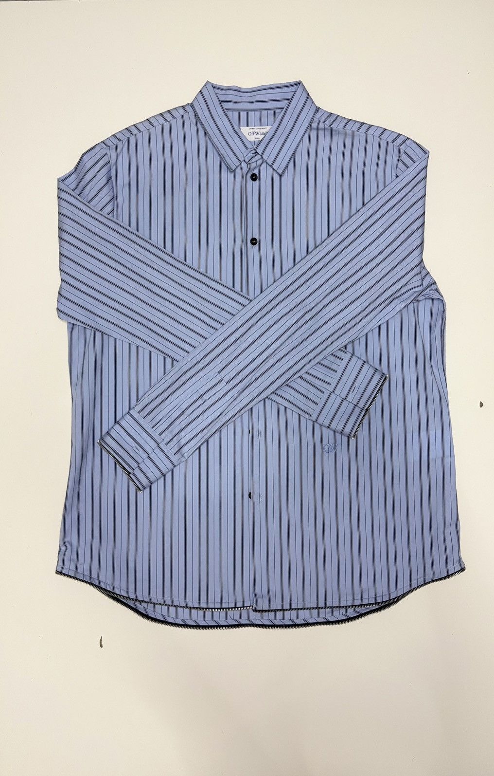 Off-White Off White Zip Embellished Striped Cotton Shirt Size US L / EU 52-54 / 3 - 1 Thumbnail