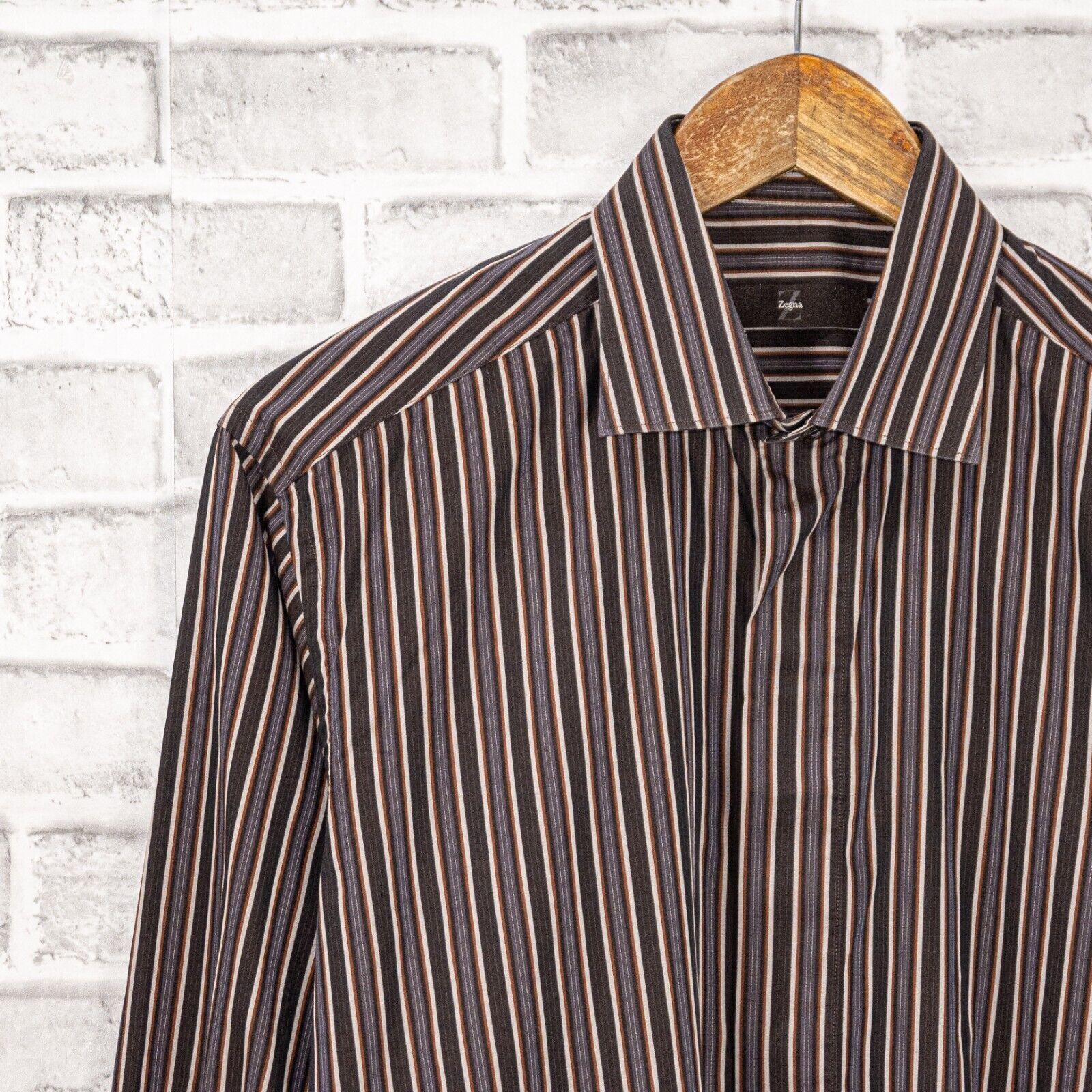 Ermenegildo Zegna Z Zegna Men's Long Sleeve Button up Shirt Brown striped Size US M / EU 48-50 / 2 - 5 Thumbnail