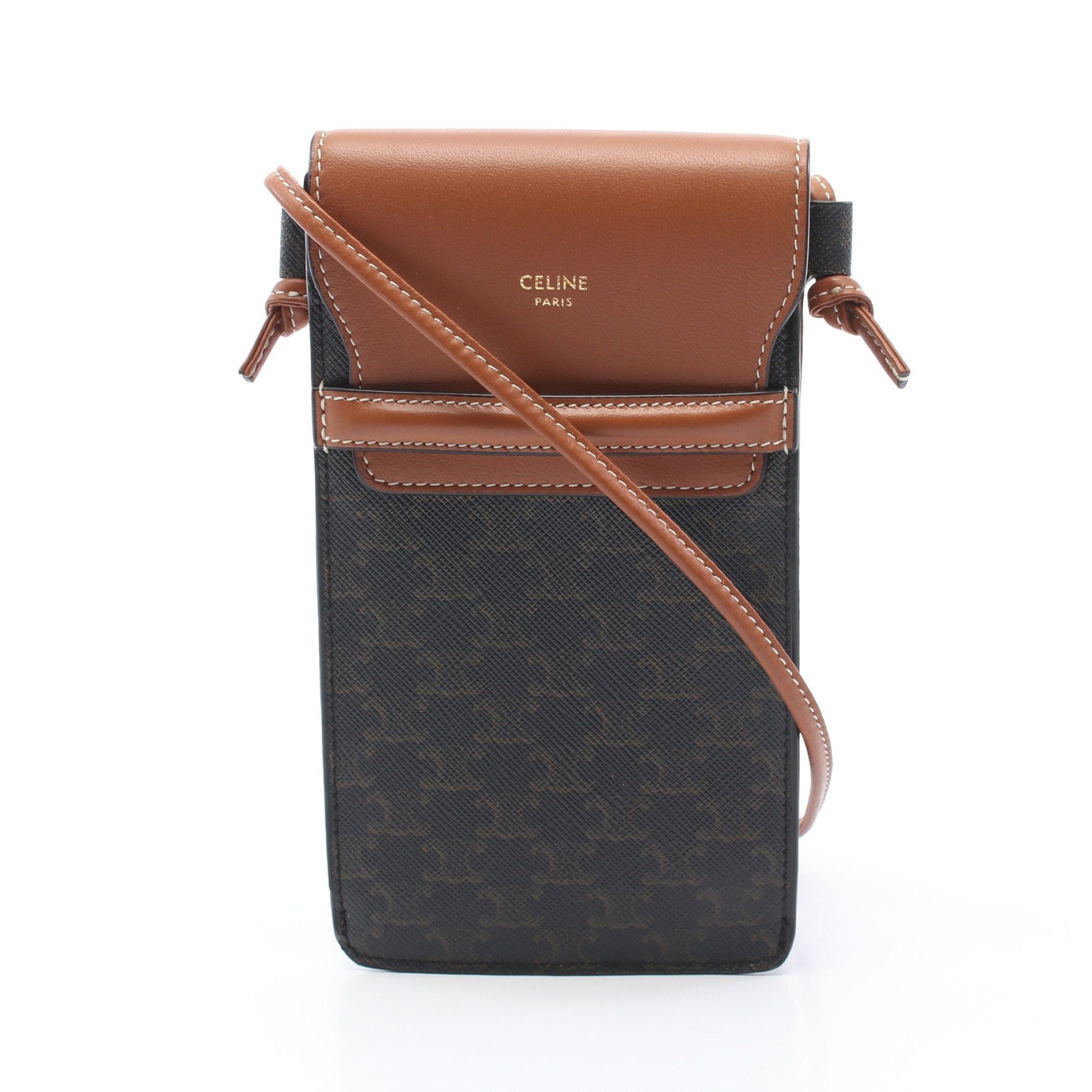 image of Celine Phone Pouch Triomphe Shoulder Bag Pvc Leather Dark Brown Brown, Women's